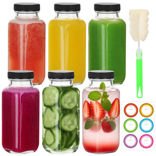 8 oz Glass Juice Bottles with Lids,6 PACK Bottles for Juicing,Square Drinking Jars Glass for Coffee,Cola,Milk,Tea in Travel,Work,School