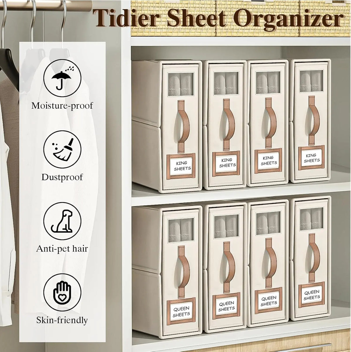 4 Pack Beige Foldable Linen Organizer Bin Boxes - Transparent Window, Labels, King/Queen Size, for Sheets, Pillowcases, Duvet Covers, Sofa Storage Organization