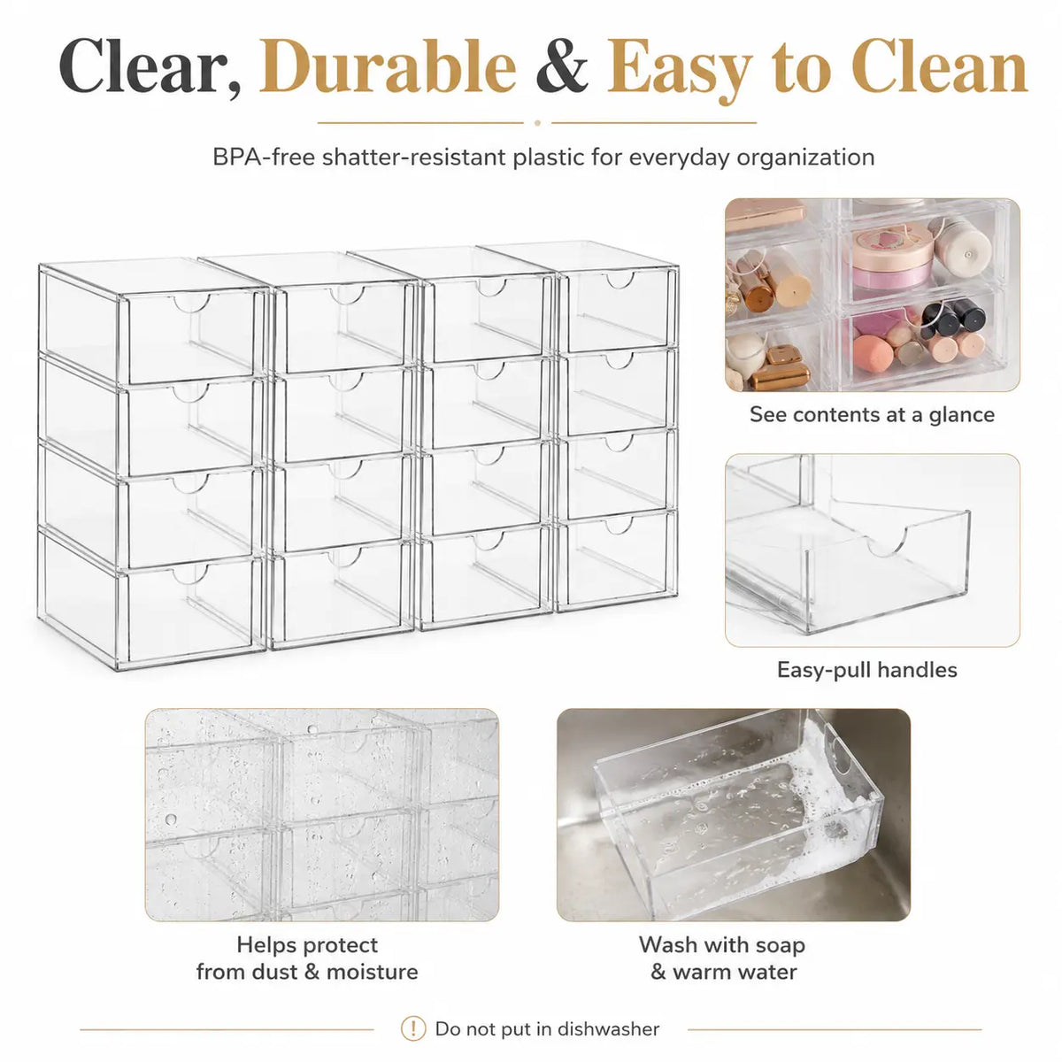 Acrylic Makeup Organizer with Drawers – Clear Stackable Storage for Cosmetics, Office, Bathroom & Craft – Dustproof, Waterproof