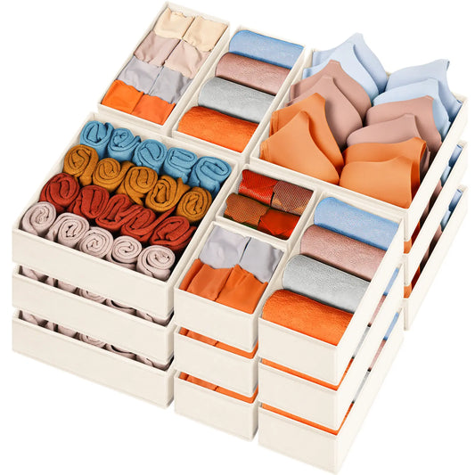 Criusia 15-Pack Beige Divided Fabric Storage Bins (11"x5.5"x5") - Multifunctional Drawer Container for Wardrobe, Dorm, Holds Socks, Underwear, Bras, Perfume | Home Organization Boxes Summer Sale