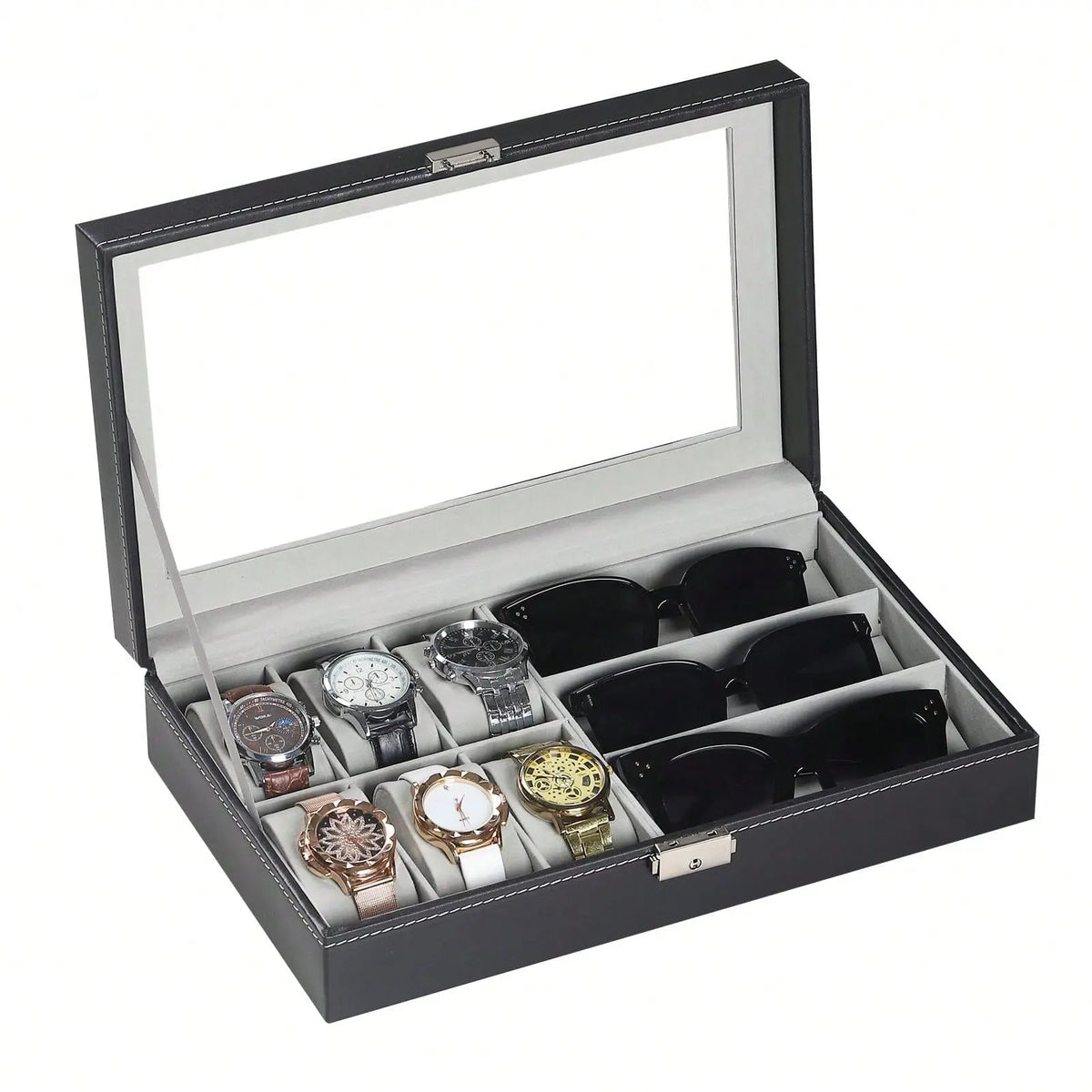 Black PU Leather Watch & Eyeglasses Organizer Box - 6-Watch, 3-Eyeglasses/Sunglasses Capacity, Glass Top, Classic Durable Jewelry Display Case with Fine Workmanship, Unisex Home Use Storage Holder, Gift