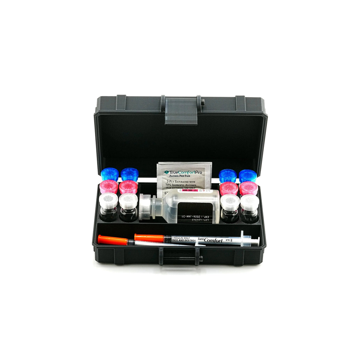 12-Slot 3 ml Vial Case with BAC & Syringe Storage | Organizer for GLP-1, Peptides, Research