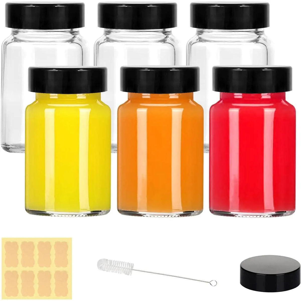 2 oz Small Clear Glass Bottles with  - 12 count Wide Mouth Shot Bottles with Caps for Ginger Shots, Juice, Potion, Liquids,  - Mini Travel Bottles with Funnels, Stickers (12PCS-Clear)