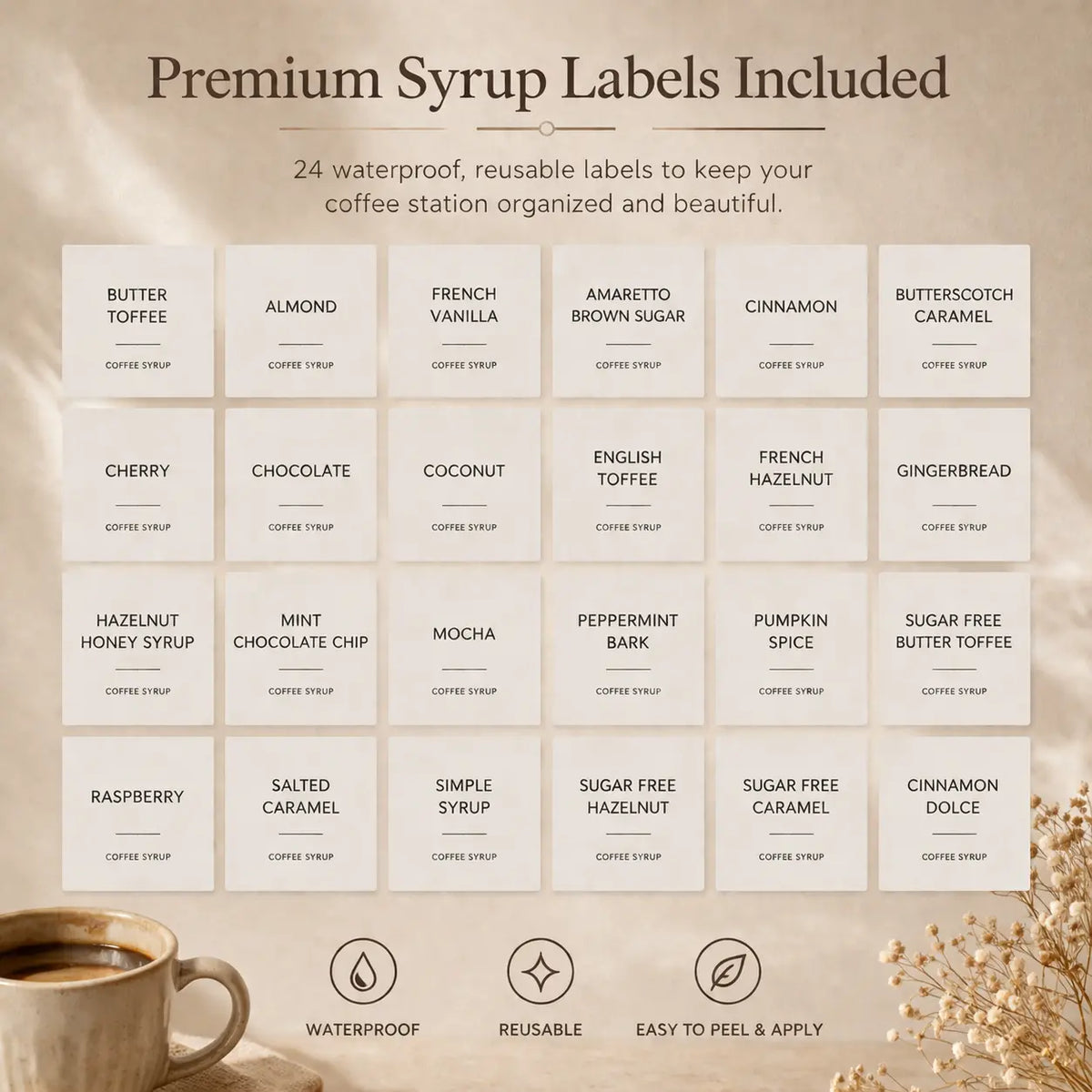 4 Pack Aesthetic Glass Coffee Syrup Dispenser Set with Labels, 16.9oz Coffee Bar Accessories & Station Organizer with Gold Pumps for Syrup, Honey, Sauce