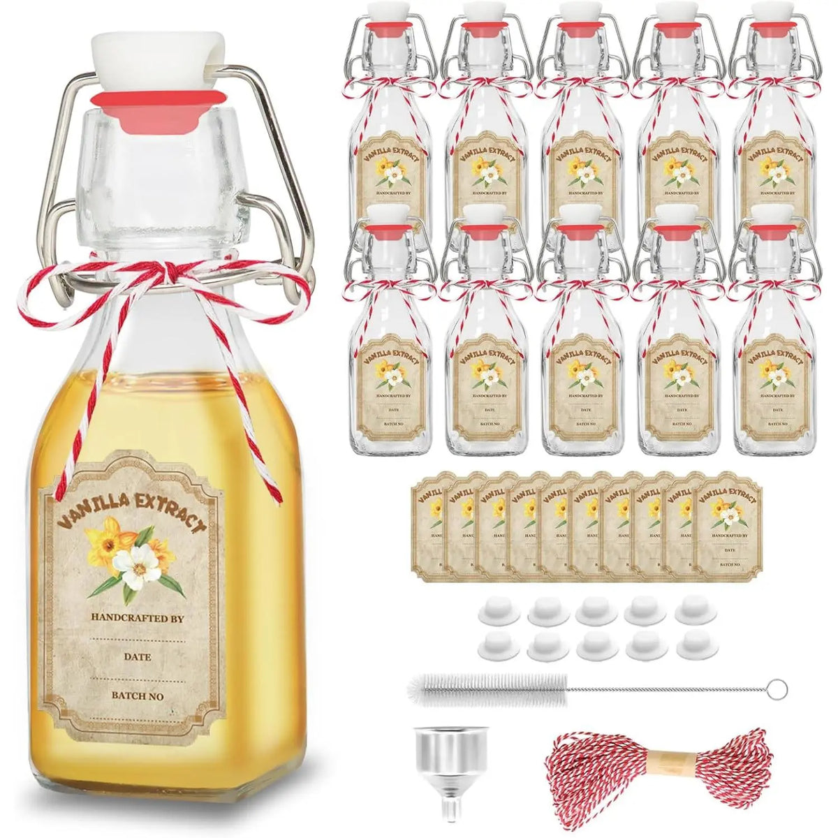 10-Pack 8oz (6 – 8.9 Fl Oz) Swing Top Glass Vanilla Extract Bottles with Flip Top Lids, Funnel & Labels – Boston Glass Storage Bottles for Syrup Gifting, Home Organizer Supplies by Sohochic
