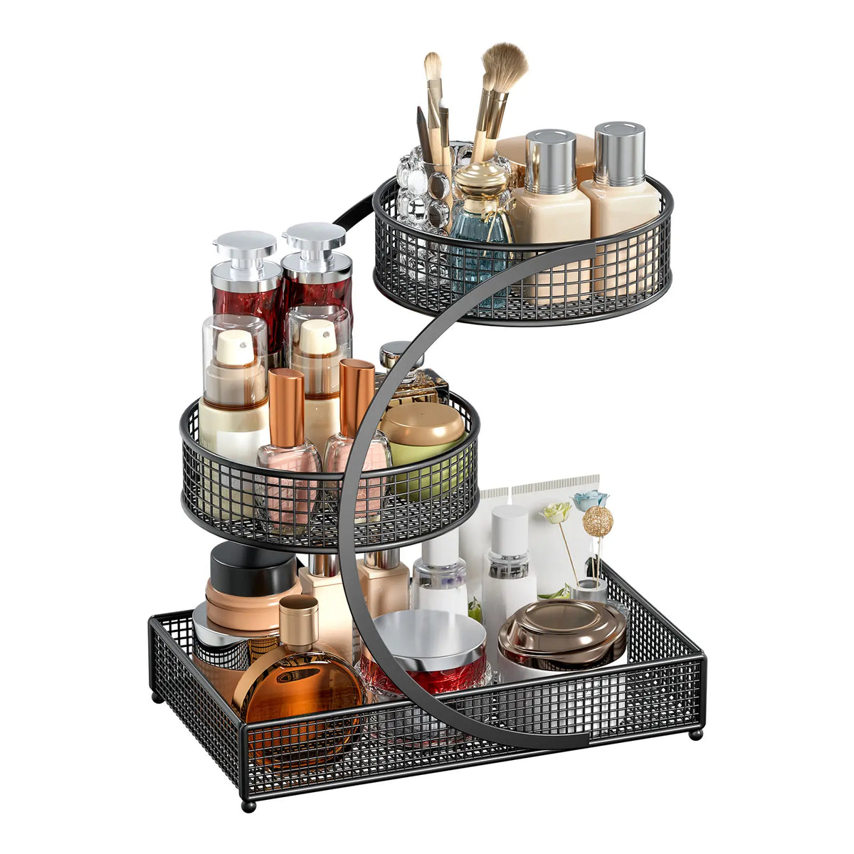 LOVEWE Tiered Heavy Duty Cosmetic Organiser - 3-Tier Freestanding Corrosion-Resistant Metal Vanity Cabinet-Rack with Compartmentalized Organizer Storage for Home Organization Solutions