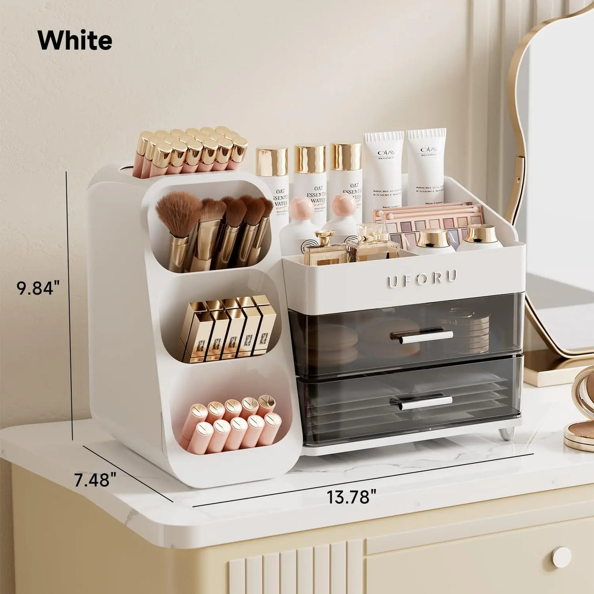 UFORU Modern Large Capacity Plastic Makeup Storage Box - Multi-functional Organizer for Makeup Brushes, Lipsticks, Eyebrow Pencils, Pocket Mirrors - Desktop Vanity Accessory for Home & Travel, Pink Gift Option