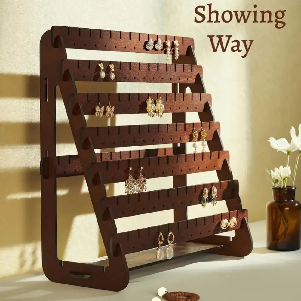 Multifunctional 7-Layer Wooden Earring Holder Organizer, Store and Display All Studs and Hook Earrings, Space-Saving Jewelry Storage Solution, Wood