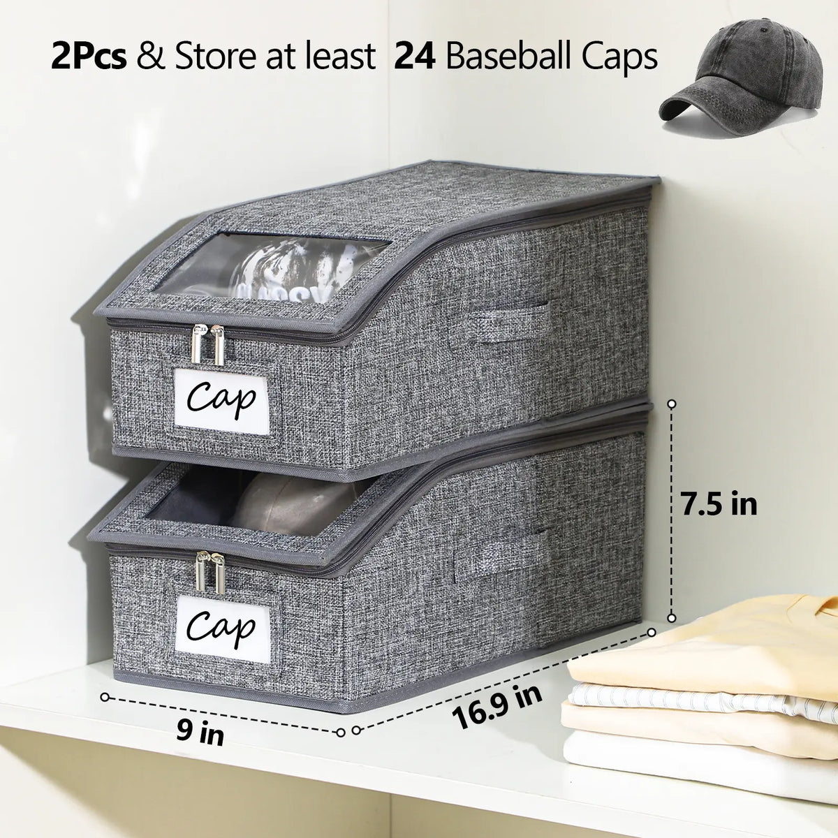 TAYTUU Linen Fabric Hat Organizer Bin - Collapsible, Transparent Window, Zip & Drawstring, Dustproof Closet Storage, Durable Cardboard, Holds 24 Baseball Caps, 16.93inL x 9.06inW x 7.56inH, ADHD Home Organizer