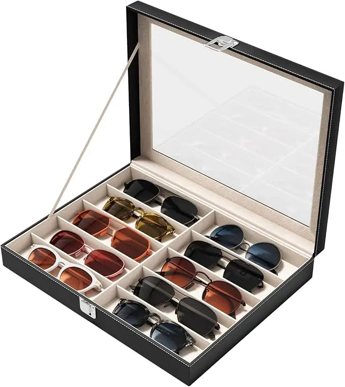 Women's 10-Slot Velvet-Leather See-Through Eyeglass Storage Box - Water-Proof Multi-Compartment Anti-Scratch Glass Display Case with Lid, Strap, Fashion Accessory Gift