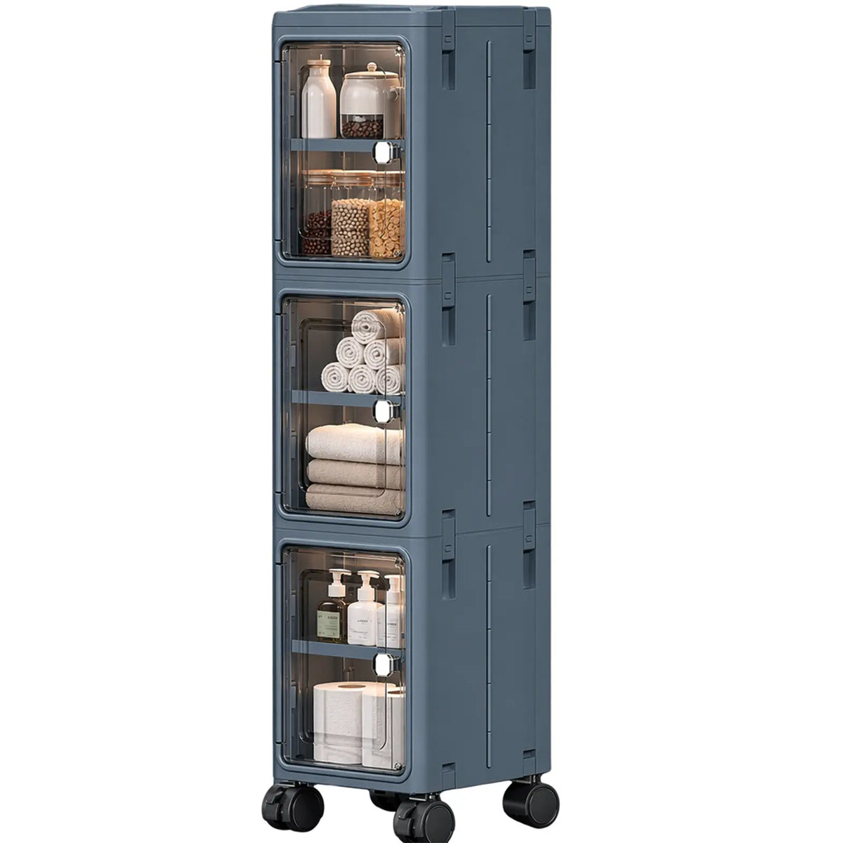 Nifogo 5-Tier Plastic Collapsible Organizer with Foldable Compartments - 5-Piece Fold-Flat Stackable Storage Bins with Lids, Dustproof Portable Lidded Bins (Hides Mess) with Wheels, White 157cm for Office/Dorm Use