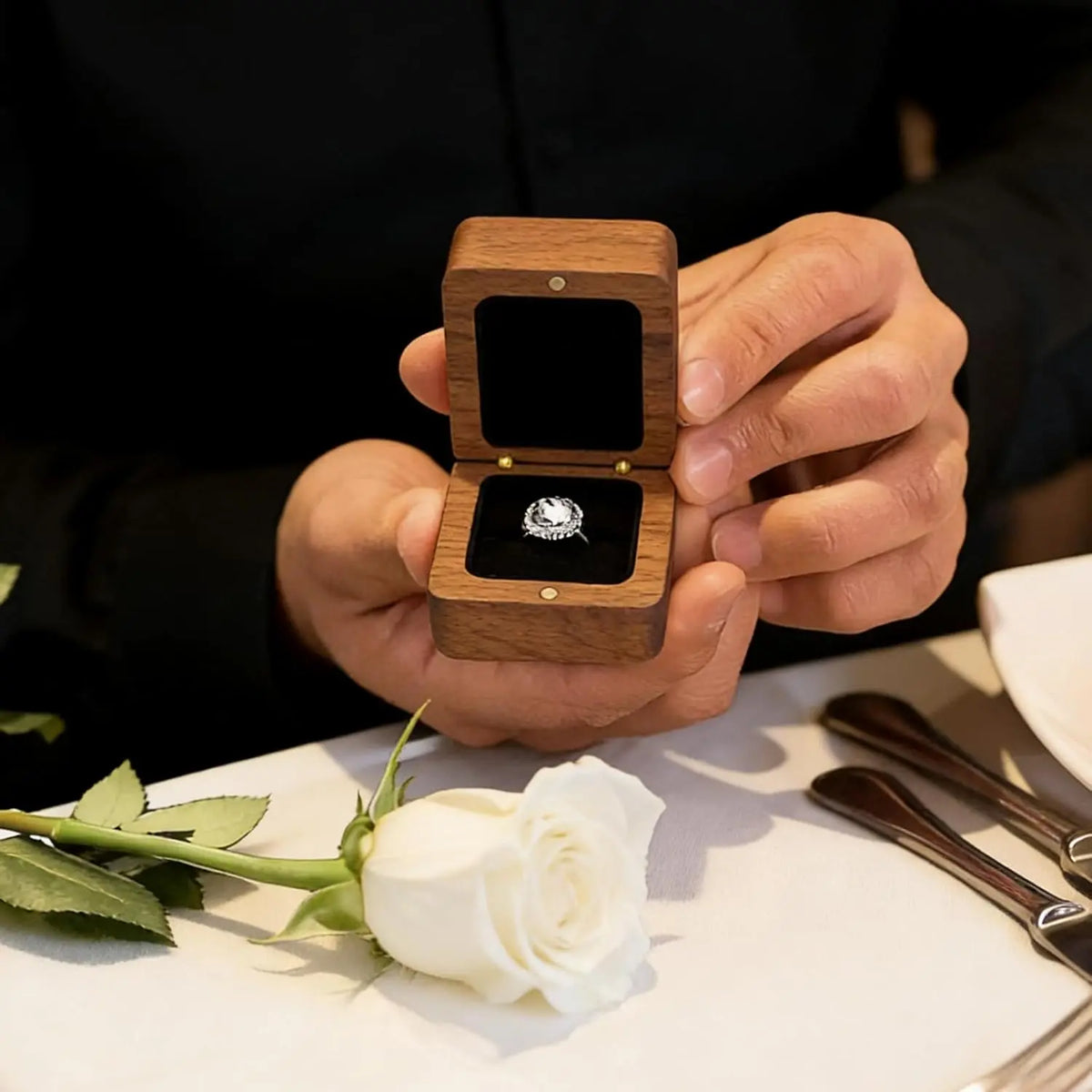 Solid  Ring Box - Hand-Polished Engagement Ring Holder Box for Proposal, Wedding  Organizer | Romantic  for Couples, Brides & Grooms (Walnut Carved-2pcs)