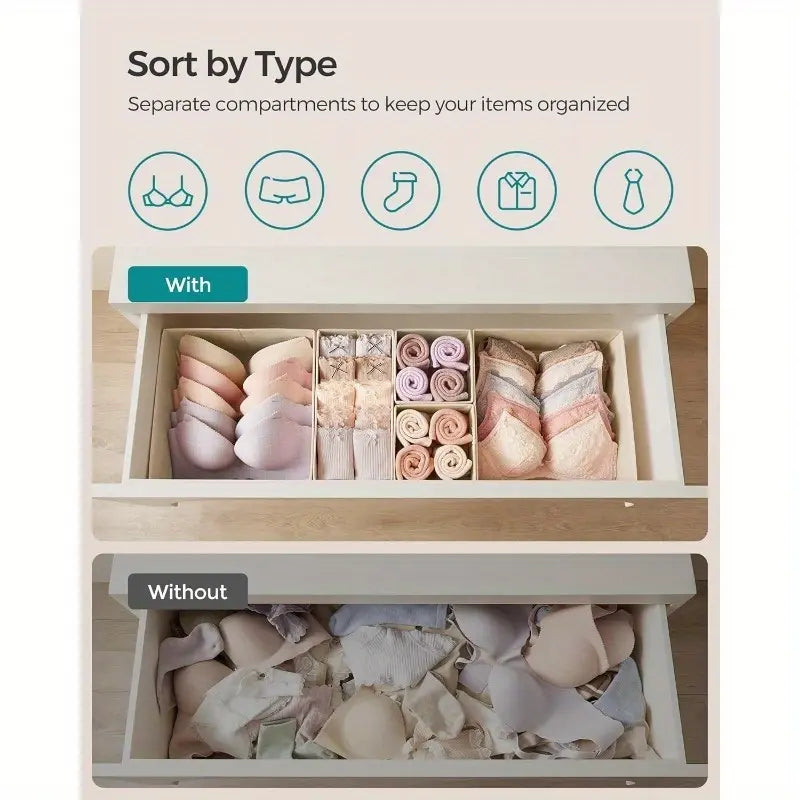 6 Counts set Drawer Storage Boxes, Foldable Fabric Organizer for Socks, Bras, Tie, Scarf, Vanity Drawer Organizers