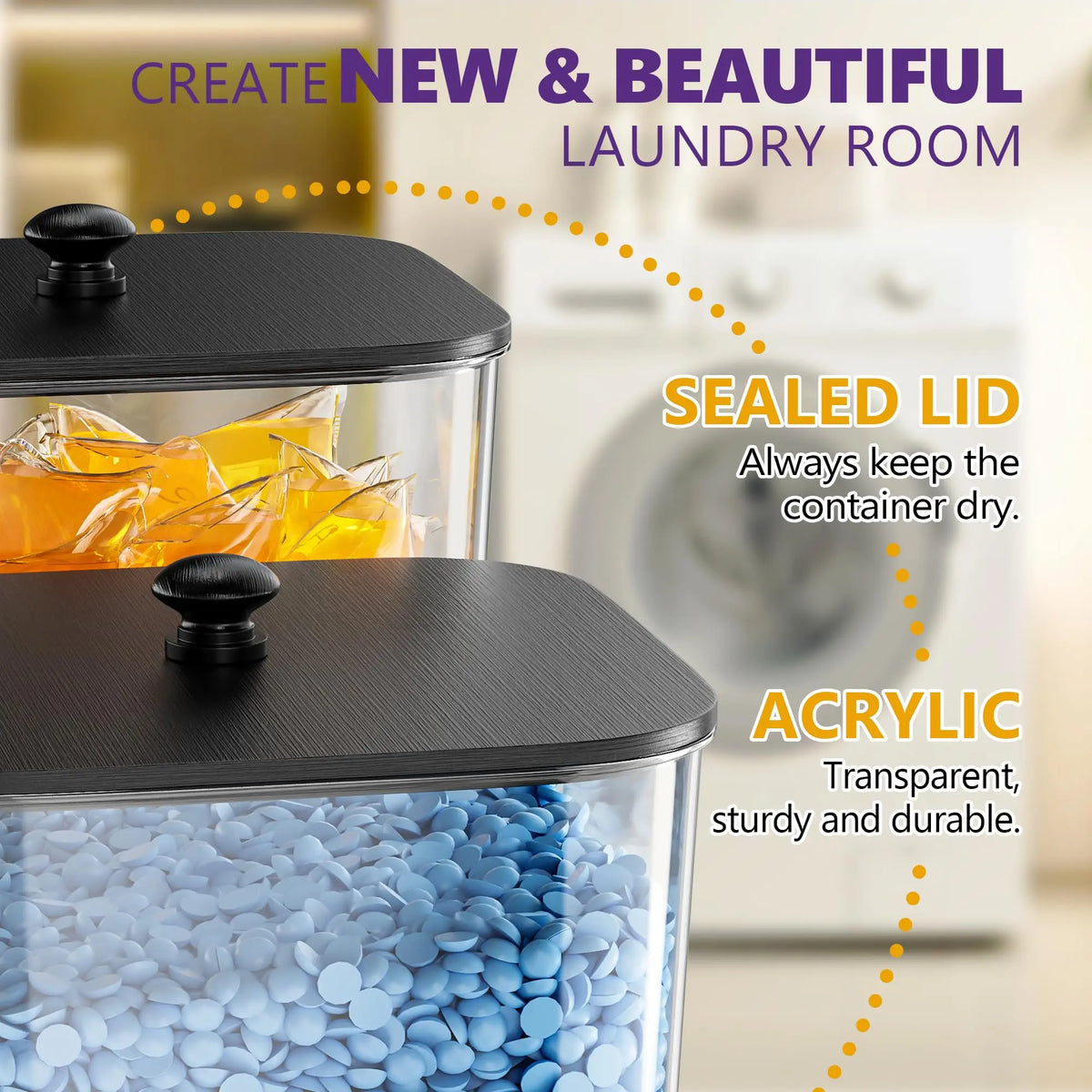 4+1 Pack Laundry Pods Container, Clear Laundry Room Organization Containers, Large Laundry Detergent Powder Storage Containers with Black Lids & Labels, Laundry Pods Holder for Scent Booster