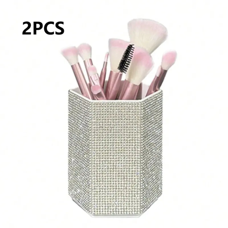 Hexagonal Crystal Makeup Brush Holder, Large Capacity, Decorative Shiny Surface, Multifunctional Cosmetic Storage Rack, Makeup Organizer Box for Bedroom Vanity Desk, Cosmetic Organiser, Cosmetic Organizers