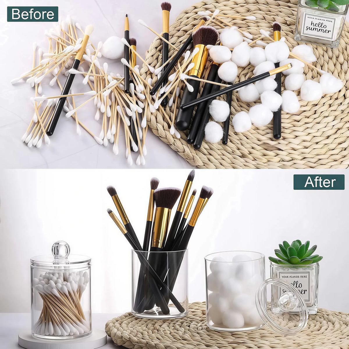 LMMAKE 4PCS Durable Transparent Apothecary Canister Qtip Holders - 10oz Stackable Plastic Storage Jars with Lids, Portable Vanity Organization Can Holder Cosmetic Organisers for Cotton Supplies (Restroom)