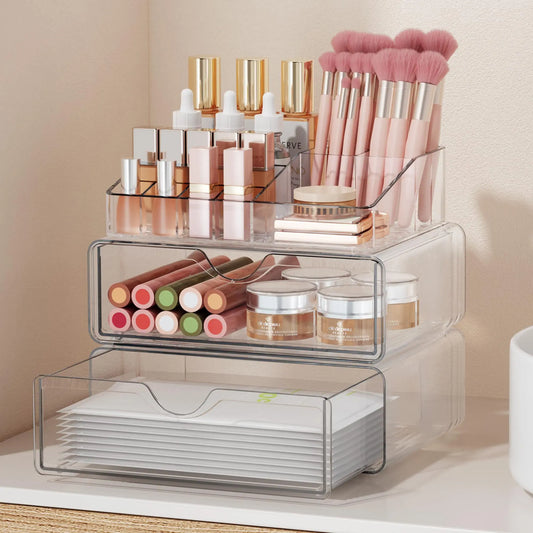 3-Tier Smooth Minimalist Makeup Organizer with Slide Drawers, Silicone Multi-Compartment & Large Capacity - Transparent Organizer Storage for Vanity Organization, Makeup Vanity Desk, Dresser - Ideal Dorm Finds Gift for Lipstick, Brush, Skincare