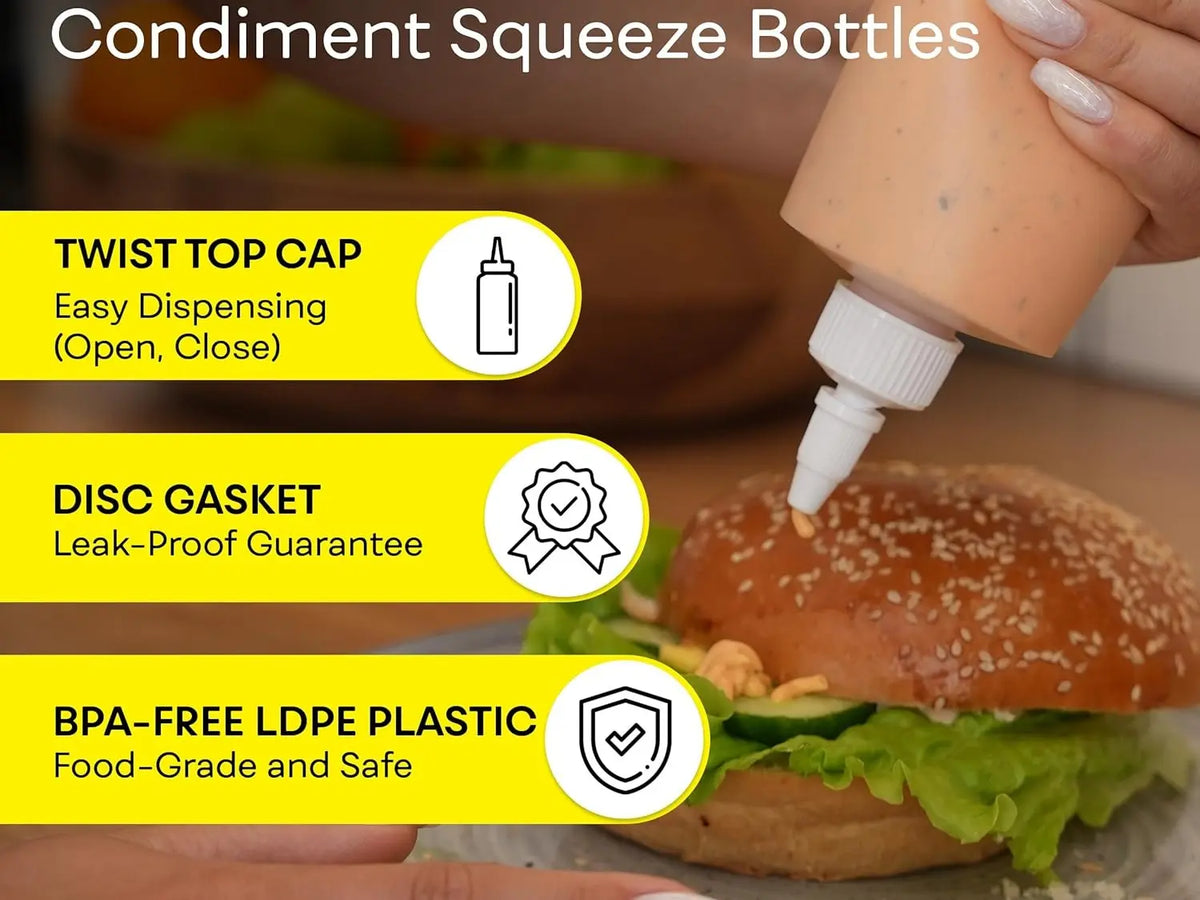 Condiment Squeeze Bottles, 16 OZ Empty Squirt Bottle with Twist Top Cap, Leak Proof - Great for Ketchup, Mustard, Syrup, Sauces, Dressing, Oil, Arts and Crafts, BPA FREE Plastic - 2 PACK