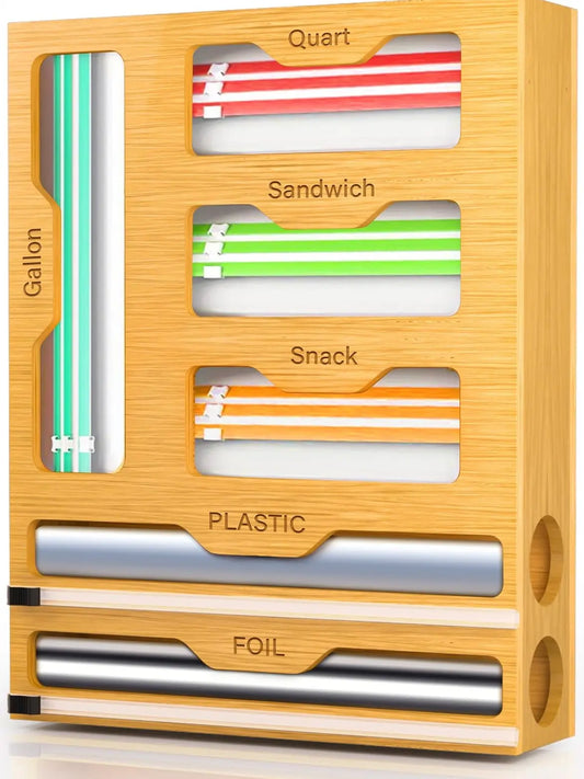 6-In-1 Durable Bamboo Kitchen Drawer Organizer with Cutter - Snack Bag, Gal, Qt, Sandwich Bag, Plastic Wrap, Foil Storage & Drawer-Ready Order Holder