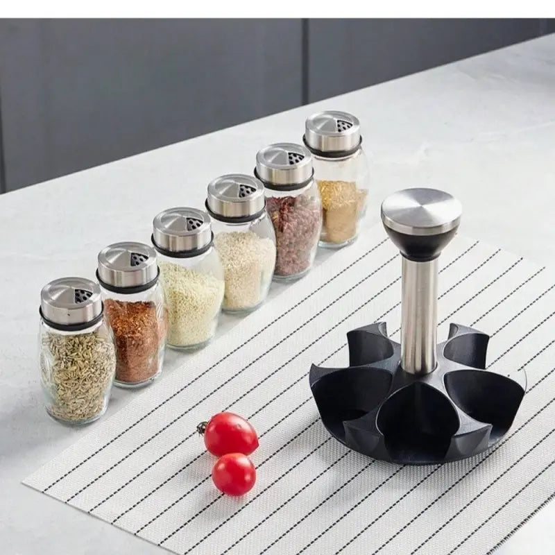 6-Jar Rotating Spice Rack Set, easy access and space-saving design with visible content, Glass Storage Jar, Spice Organizer, Glass Spice Jars. Keeps your kitchen tidy and holds all kinds of seasonings and spices.