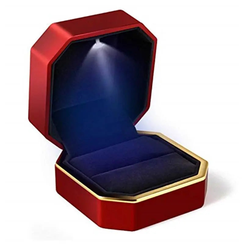 Luxury Ring Box, Square Velvet Wedding Ring Case Jewelry Gift Box with LED Light for Proposal Engagement Wedding Organiser