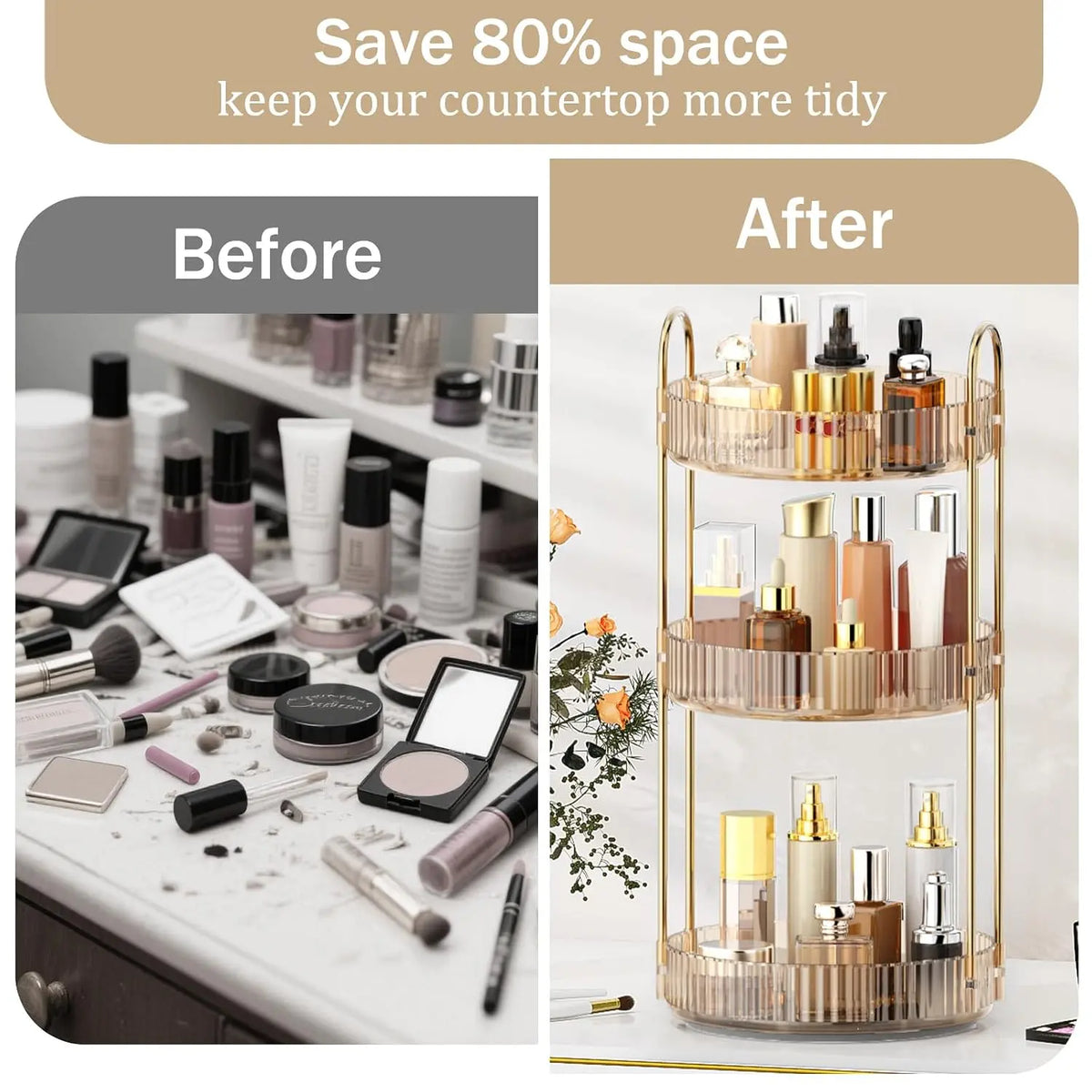Raybee 360 Rotating Makeup Organizer, Large 2-3 Tier Acrylic Cologne Perfume Holder for Vanity Countertop,Dorm, Steady Lazy Susan Cosmetics Storage Organizer, Space Saving Fragrance Display Tower for Figures Lipsticks Brushes, Perfect for Back to School