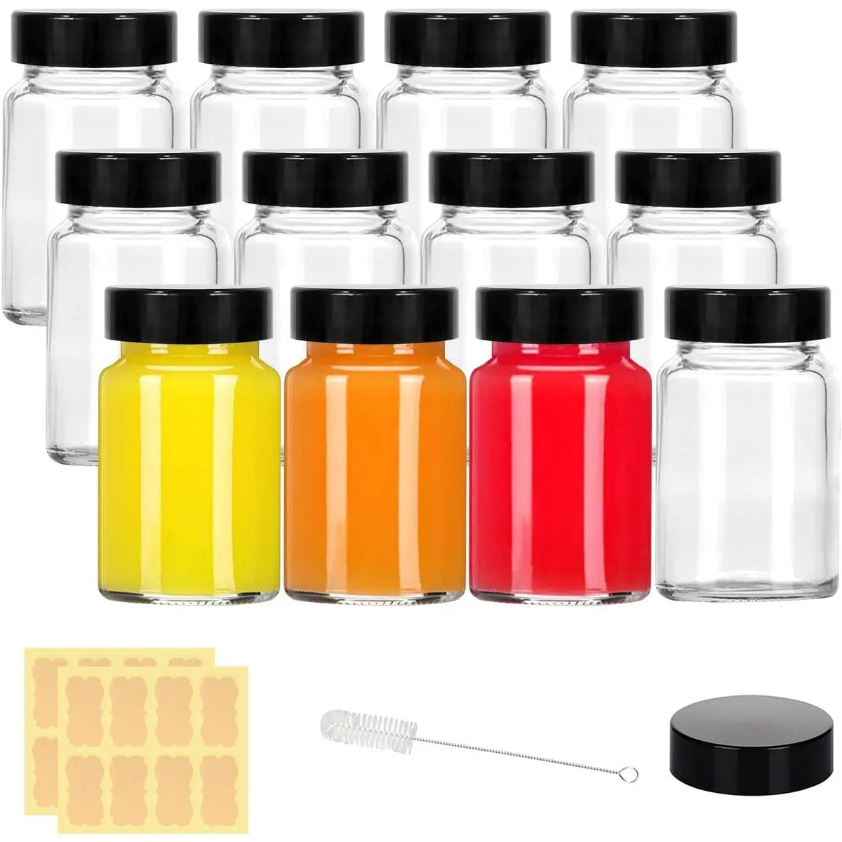 2 oz Small Clear Glass Bottles with  - 12 count Wide Mouth Shot Bottles with Caps for Ginger Shots, Juice, Potion, Liquids,  - Mini Travel Bottles with Funnels, Stickers (12PCS-Clear)