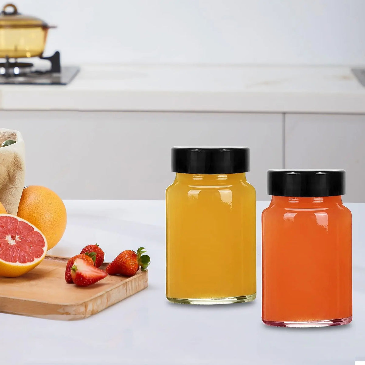 2 oz Small Clear Glass Bottles with  - 12 count Wide Mouth Shot Bottles with Caps for Ginger Shots, Juice, Potion, Liquids,  - Mini Travel Bottles with Funnels, Stickers (12PCS-Clear)