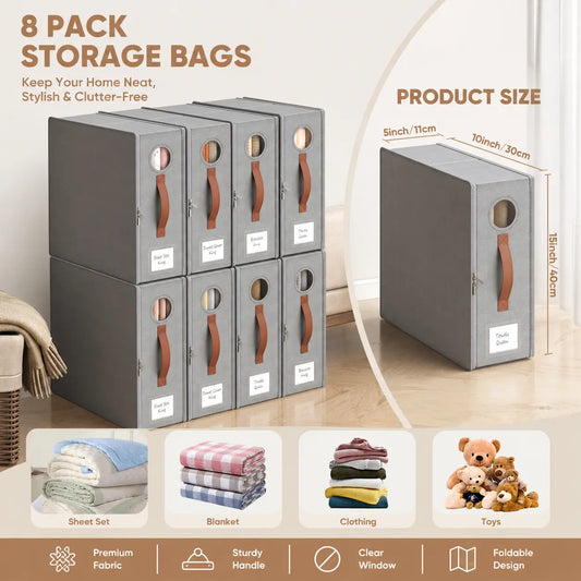 TRZZ 4-Pack Classic Folding Linen Storage Box Set - Closet Organizer System, 15"x13" Shelf Fit Bins, Dustproof Zipper Closure, Window, Reinforced Handles, Queen/King Sheet Organizer, Women's Home Gift