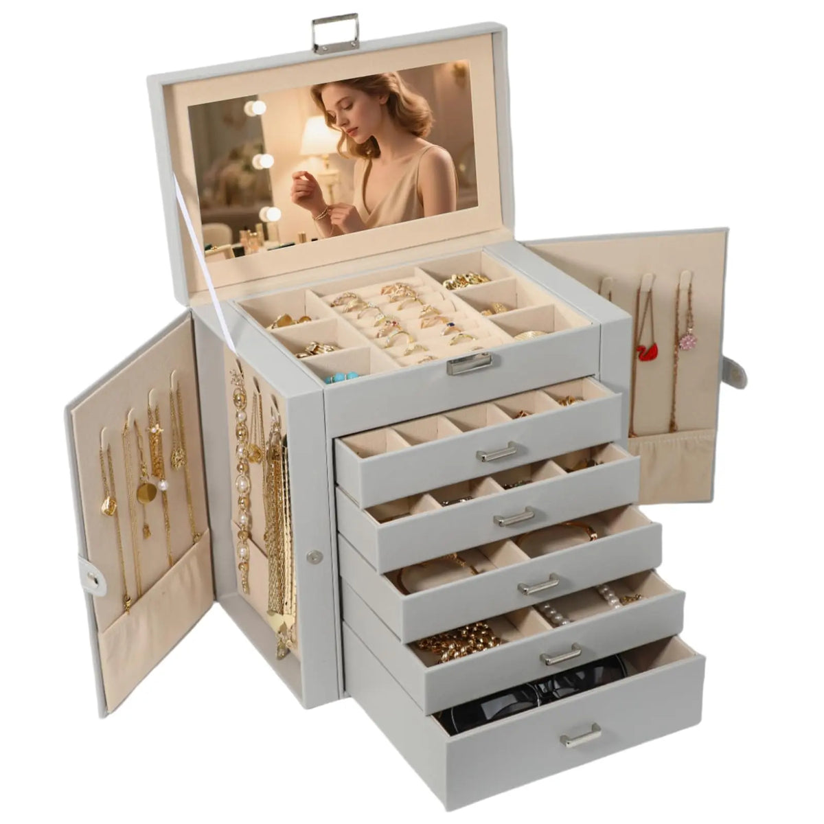 BOOVO Jewelry Box For women, 6 Layer Large Jewelry Organizer With Mirror, Multi-Function Storage Box With Lock, Necklace Holder With 5 Drawers, For Earrings Necklace Bracelet (Rose Gold and Gold)