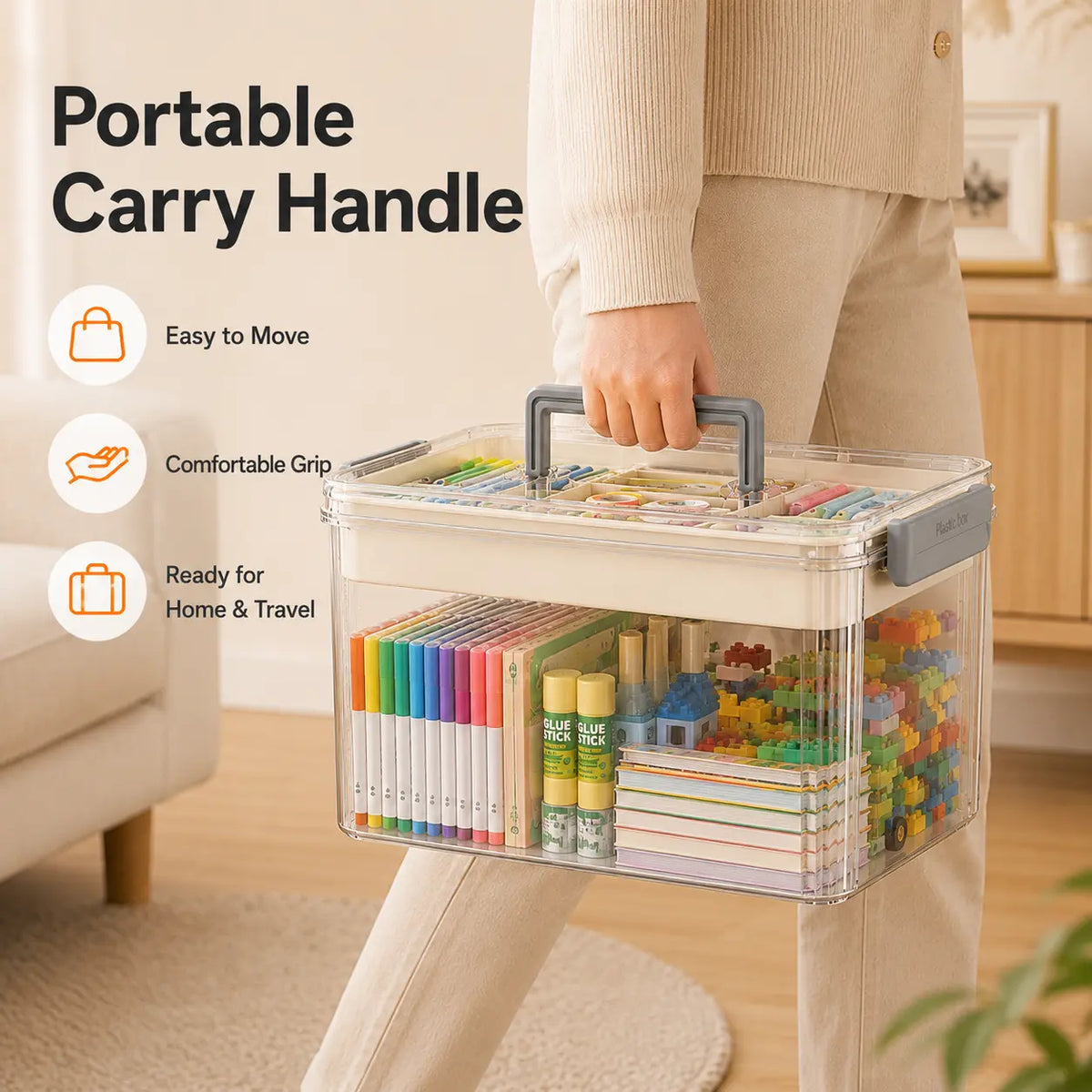 UFORU Modern Rectangular Double-Layer Storage Organizer with Handle - Transparent Body Shows Contents Fast, Large Capacity Portable Home Supplies Storage Organization Box for Art Supplies, Kids’ Small Toys