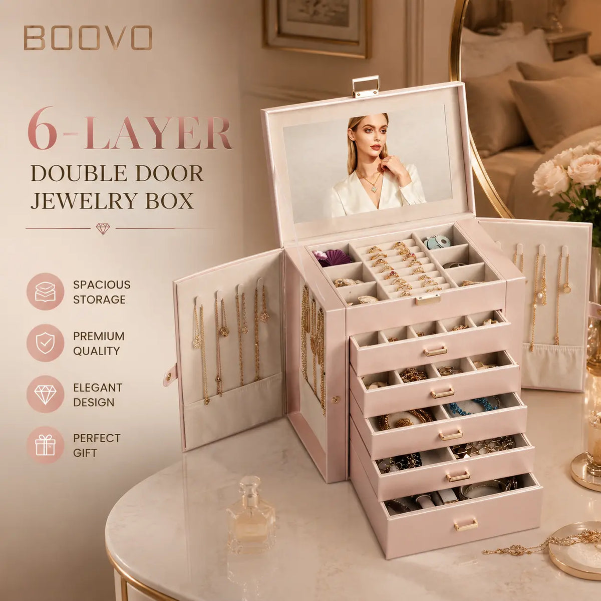 BOOVO Jewelry Box For women, 6 Layer Large Jewelry Organizer With Mirror, Multi-Function Storage Box With Lock, Necklace Holder With 5 Drawers, For Earrings Necklace Bracelet (Rose Gold and Gold)