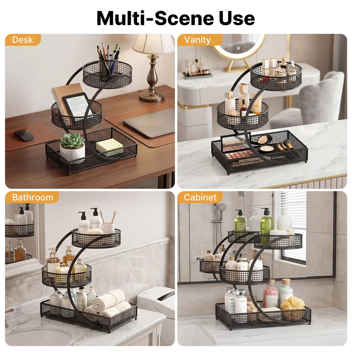 LOVEWE Tiered Heavy Duty Cosmetic Organiser - 3-Tier Freestanding Corrosion-Resistant Metal Vanity Cabinet-Rack with Compartmentalized Organizer Storage for Home Organization Solutions