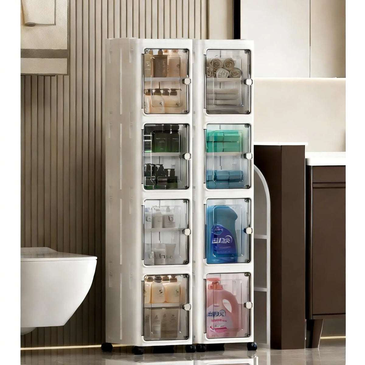 Nifogo 5-Tier Plastic Collapsible Organizer with Foldable Compartments - 5-Piece Fold-Flat Stackable Storage Bins with Lids, Dustproof Portable Lidded Bins (Hides Mess) with Wheels, White 157cm for Office/Dorm Use