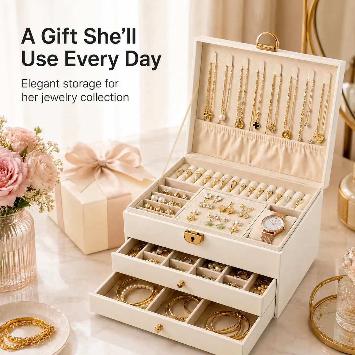 3-Layer Jewelry Organizer Box with Drawers, Large Capacity Jewelry Storage Case for Rings, Earrings, Necklaces, Bracelets and Watches, Gift for Women
