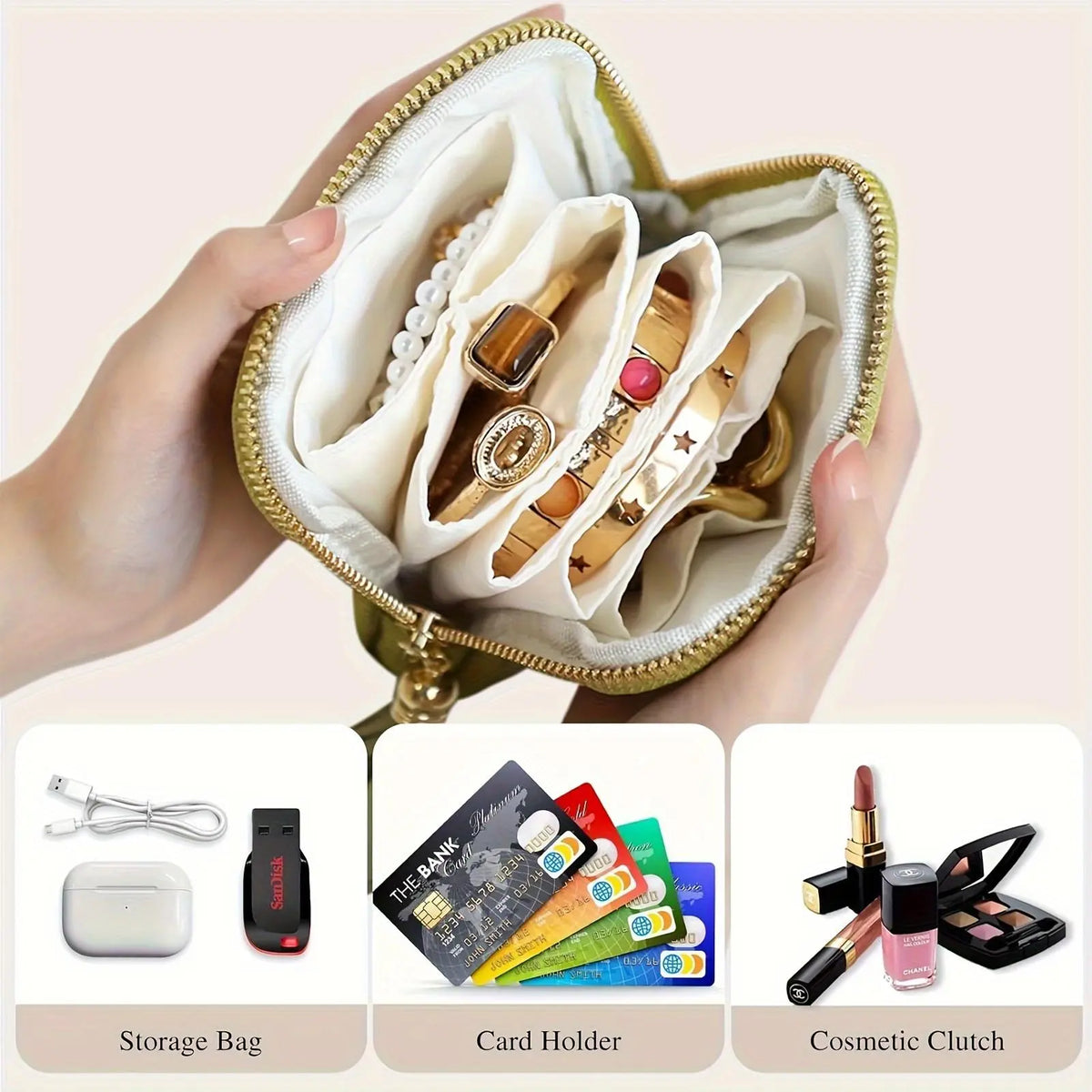 BOOVO Modern Terracotta Red Velvet Jewelry Zippered Pocket Organiser - Compact Collapsible Home Storage Bag, 5 Satin Divided Compartments, Adjustable Tassel Zipper, Dustproof, Durable, Heat Resistant, Ideal Travel Gift for Women’s Engagement, Anniversary