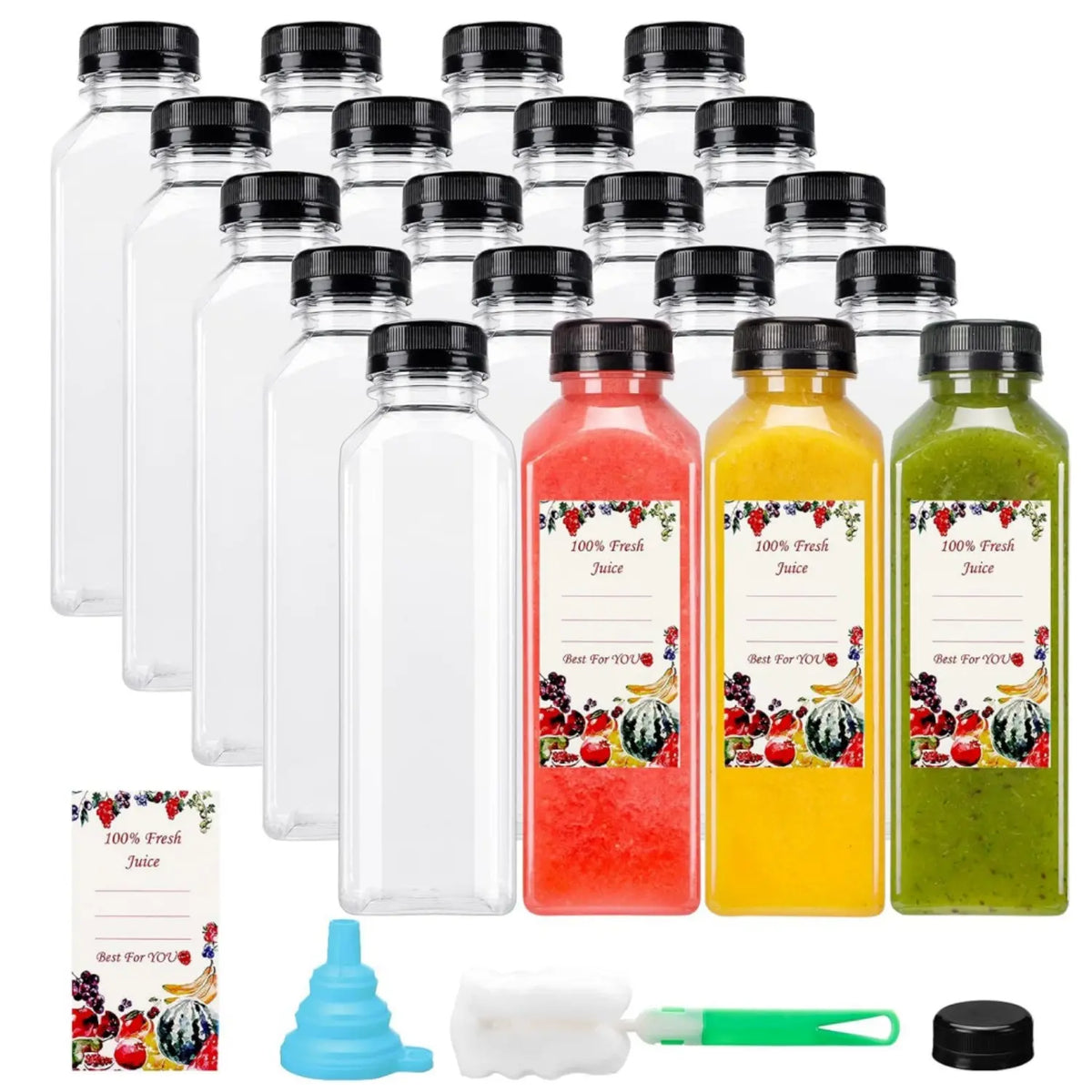 Home Improvement 20Pcs 16oz Square Shape Empty Plastic Juice Bottles with Leakproof Caps - Reusable Container Bulk Pack with Funnel for Filling, Labeling - Ideal for Cafes, Birthday Parties (Brush Compatible)