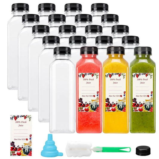 Home Improvement 20Pcs 16oz Square Shape Empty Plastic Juice Bottles with Leakproof Caps - Reusable Container Bulk Pack with Funnel for Filling, Labeling - Ideal for Cafes, Birthday Parties (Brush Compatible)