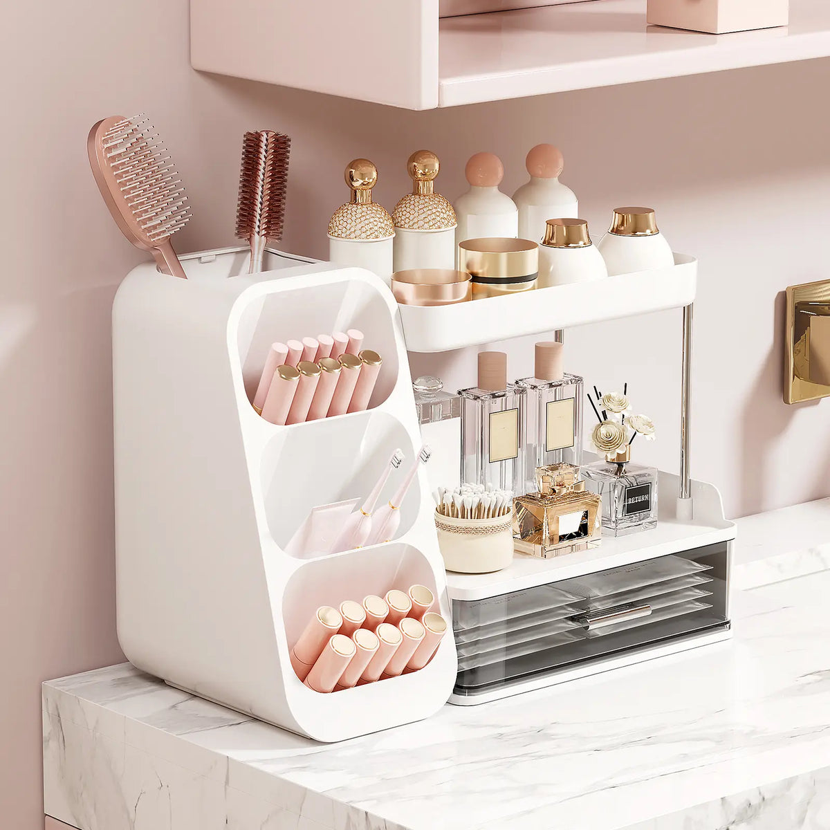 UFORU Modern Large Capacity Plastic Makeup Storage Box - Multi-functional Organizer for Makeup Brushes, Lipsticks, Eyebrow Pencils, Pocket Mirrors - Desktop Vanity Accessory for Home & Travel, Pink Gift Option