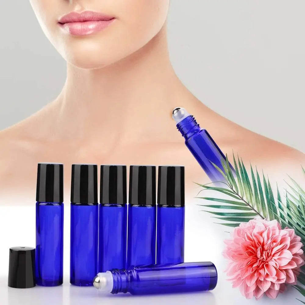 12 Pack Essential Oil Bottles, 10ml Blue Glass Bottles with Stainless Steel Roller Balls and Caps for Travel, Perfume and Lip Gloss