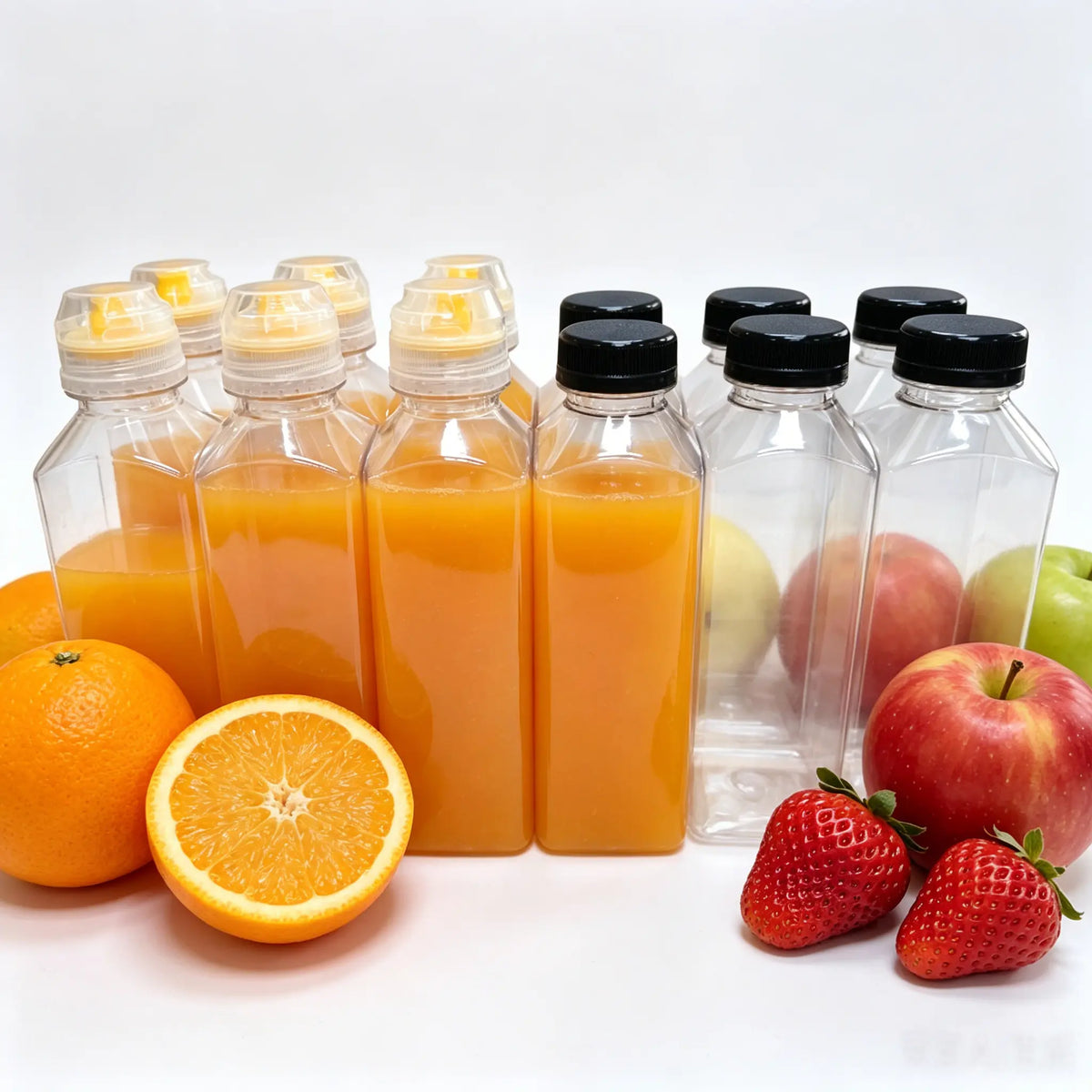 12-Pack 12 oz Empty Square Plastic Juice Decant Storage Bottles & Jars Set, Leakproof Dual Caps, Squeeze Design, Silicone Spout, Large-Capacity Containers for Juicing, Homemade Drinks