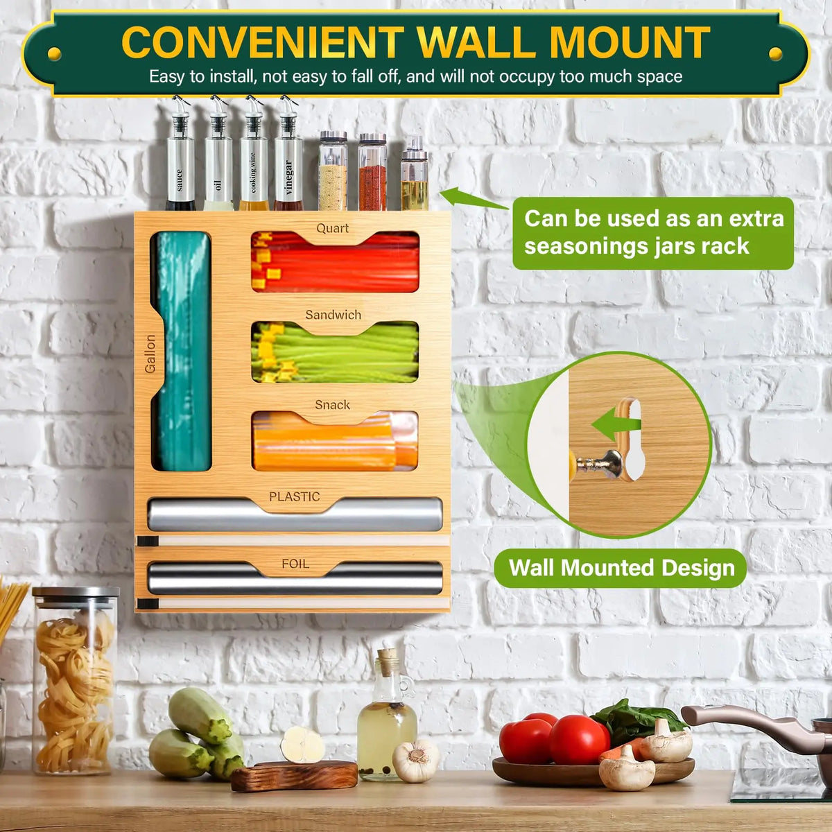 6-In-1 Durable Bamboo Kitchen Drawer Organizer with Cutter - Snack Bag, Gal, Qt, Sandwich Bag, Plastic Wrap, Foil Storage & Drawer-Ready Order Holder