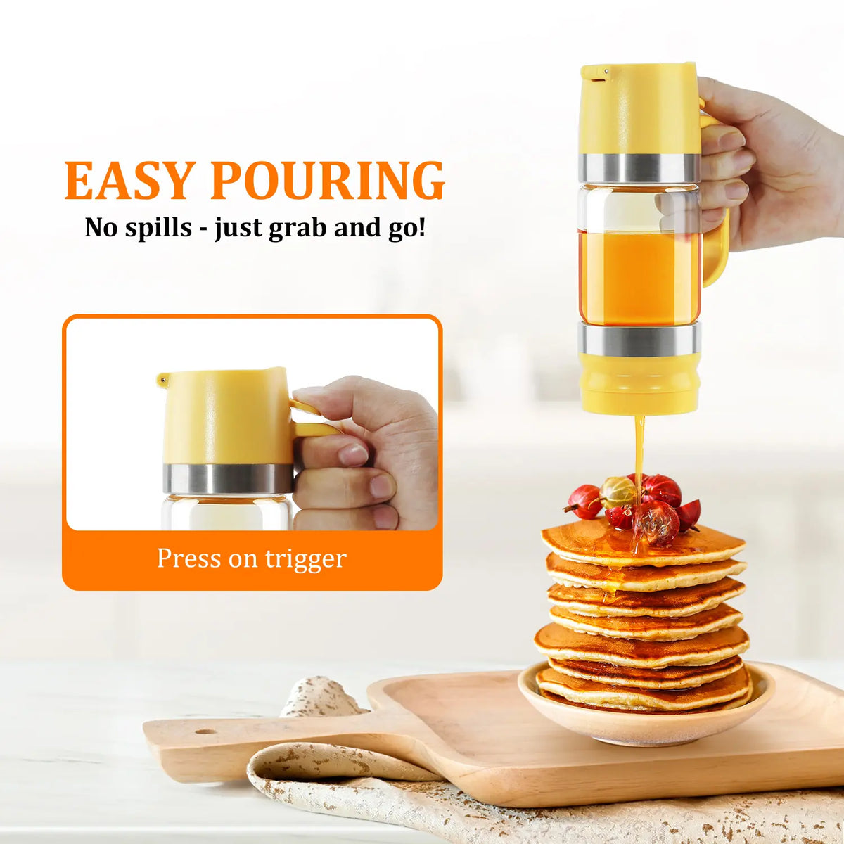 Glass Honey Dispenser - Kitchen Preserving Container, No-Drip Leak-Free Design with Handle, Controlled Flow, Refillable, Dishwasher Safe, Maintains Food & Beverage Freshness, Easy to Clean for Daily Use, Maintains Freshness