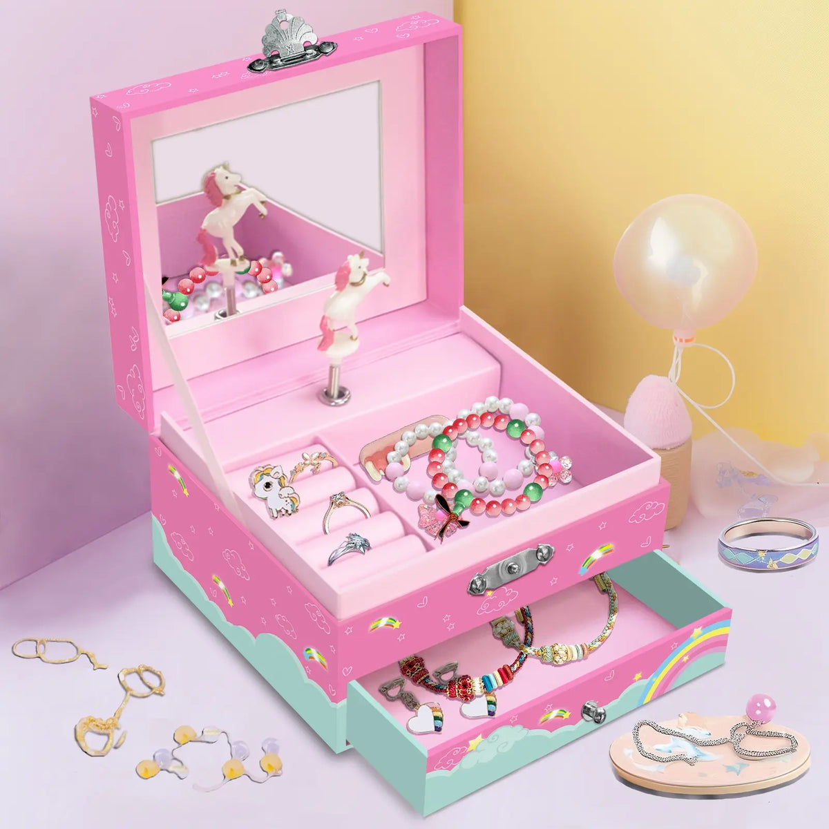 Women's Unicorn Music Jewelry Box, Flashy Rainbow Design, Storage for Earrings, Necklaces, Bracelets, Organiser, Dust Free Organizer, Compartment, Drawer, Birthday Christmas Gift, Dustproof Storage Boxes