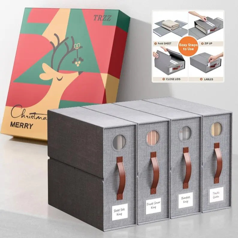 TRZZ 4-Pack Classic Folding Linen Storage Box Set - Closet Organizer System, 15"x13" Shelf Fit Bins, Dustproof Zipper Closure, Window, Reinforced Handles, Queen/King Sheet Organizer, Women's Home Gift
