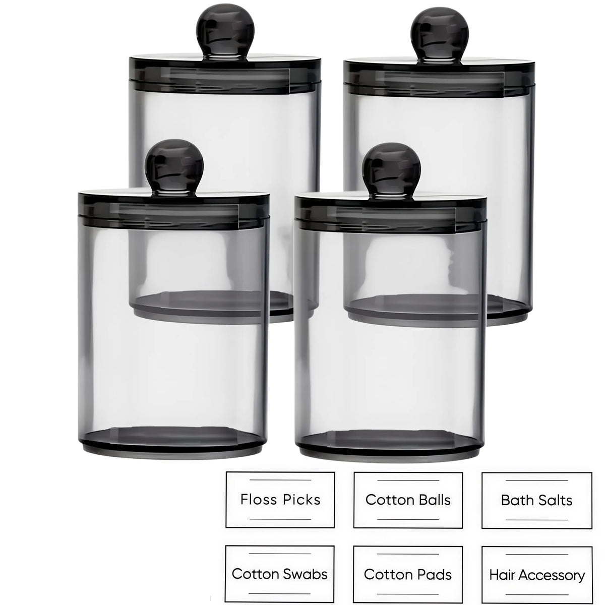 LMMAKE 4PCS Durable Transparent Apothecary Canister Qtip Holders - 10oz Stackable Plastic Storage Jars with Lids, Portable Vanity Organization Can Holder Cosmetic Organisers for Cotton Supplies (Restroom)