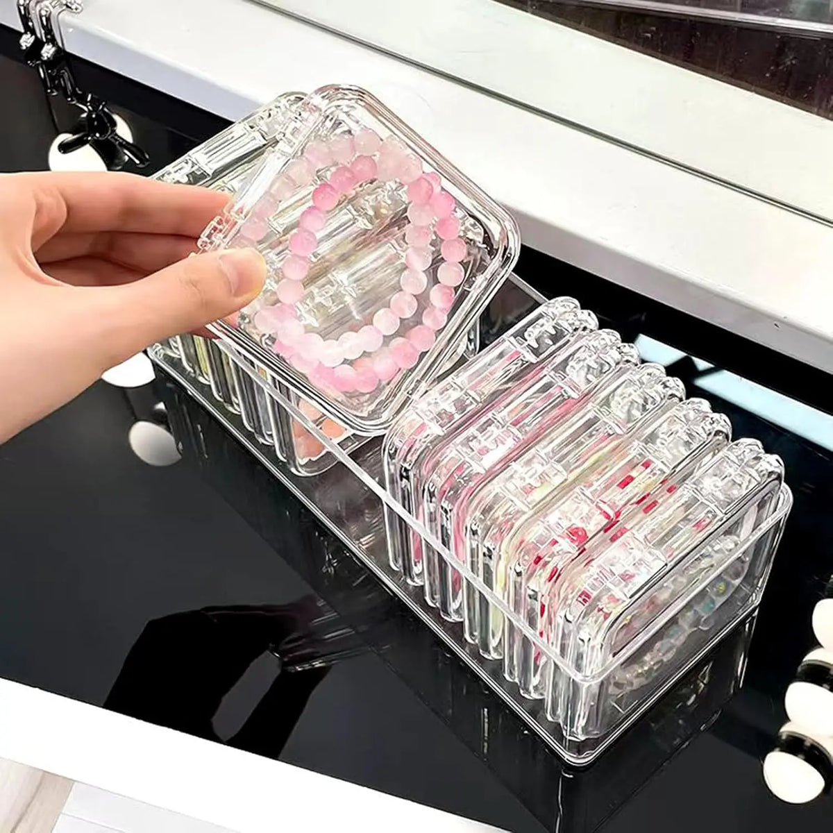 Clear Jewelry Storage Box, 1 Set Multi-functional Portable Storage Organizers Box, Transparent Plastic Storage Box for Home, Dormitory, Bathroom & Office, Dustproof Clear Box (1pc Long Tray & 12pcs 8.5cm Square Boxes)