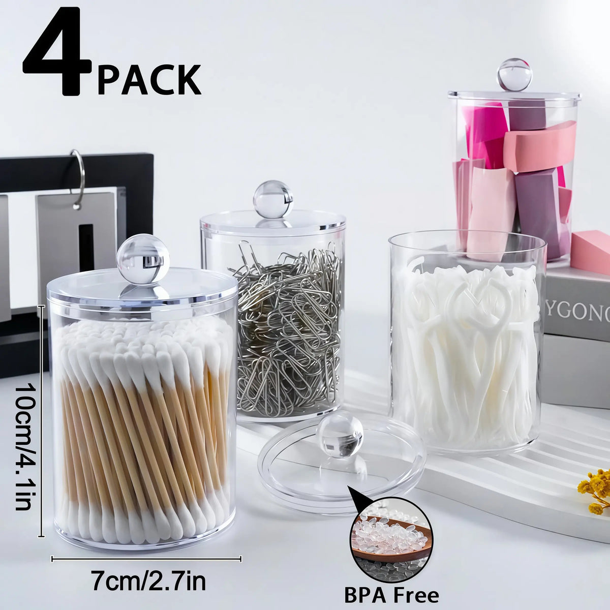 LMMAKE 4PCS Durable Transparent Apothecary Canister Qtip Holders - 10oz Stackable Plastic Storage Jars with Lids, Portable Vanity Organization Can Holder Cosmetic Organisers for Cotton Supplies (Restroom)