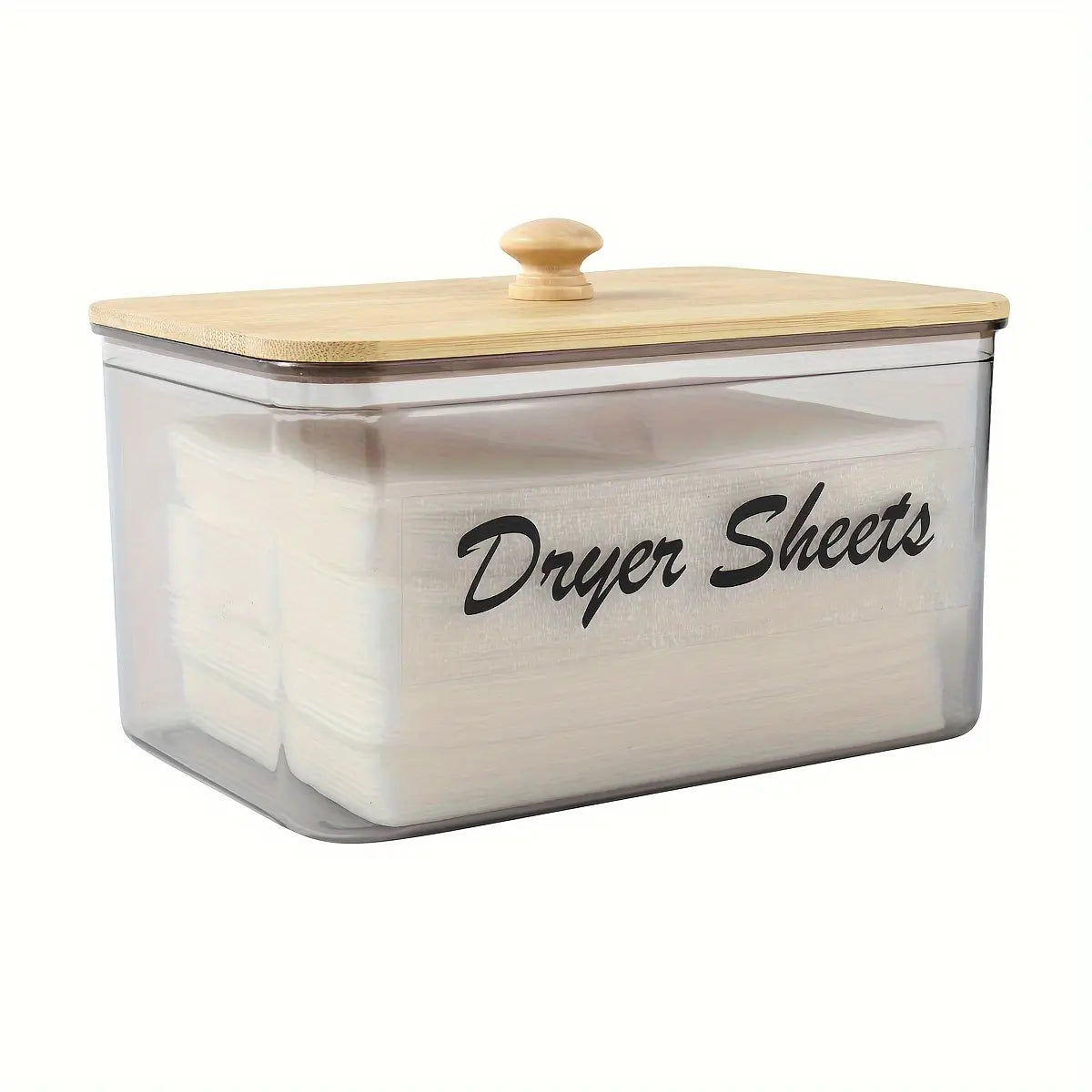 Clear Dryer Sheet Holder with Bamboo Lid, Transparent Plastic Storage Bin, Containers, Laundry Room Decor Storage Box with Label, Dryer Sheet and Detergent Pod Dispenser for Home