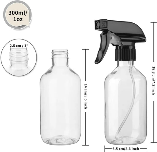 Spray Bottle 2 Pack for Hair, Plants & Cleaning - 300ml/10oz Adjustable Nozzle, Fine Mist & Jet Stream - Leakproof Refillable Clear Plastic Bottles with Trigger Sprayer